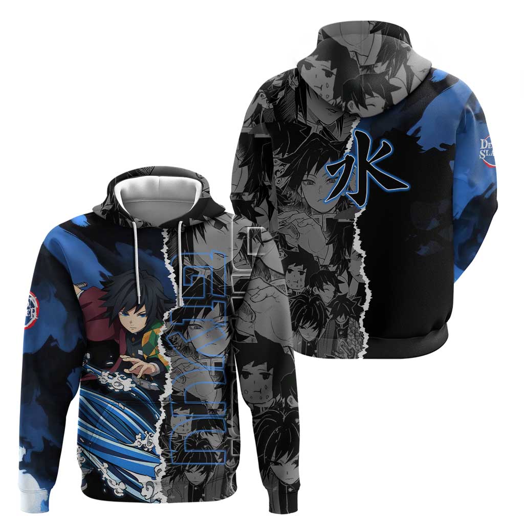 Giyu Tomioka Demon Slayer Zip Hoodie with Water Hashira Sword Pose and Flowing Water Design - The Mazicc