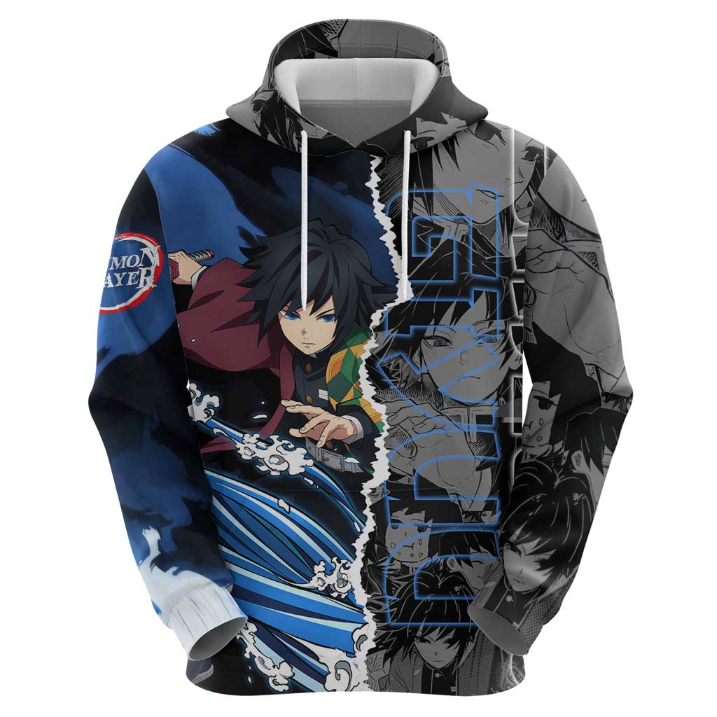 Giyu Tomioka Demon Slayer Zip Hoodie with Water Hashira Sword Pose and Flowing Water Design - The Mazicc