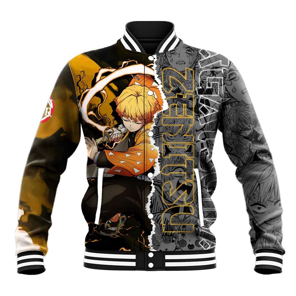 Zenitsu Agatsuma Demon Slayer Baseball Jacket with Yellow and Orange Lightning Breathing Pose Design - The Mazicc