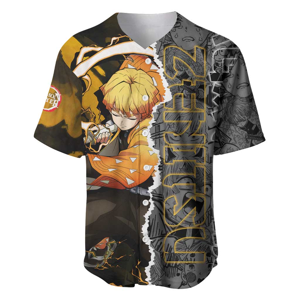 Zenitsu Agatsuma Demon Slayer Baseball Jersey with Yellow and Orange Lightning Breathing Pose Design - The Mazicc
