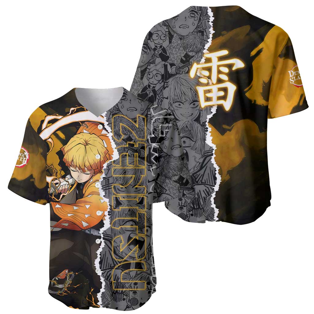 Zenitsu Agatsuma Demon Slayer Baseball Jersey with Yellow and Orange Lightning Breathing Pose Design - The Mazicc