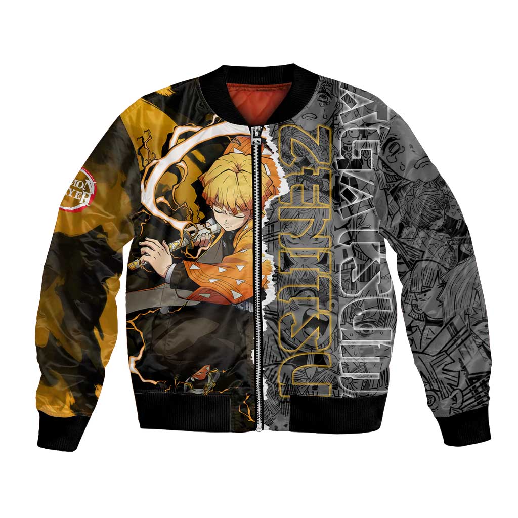 Zenitsu Agatsuma Demon Slayer Bomber Jacket with Yellow and Orange Lightning Breathing Pose Design - The Mazicc