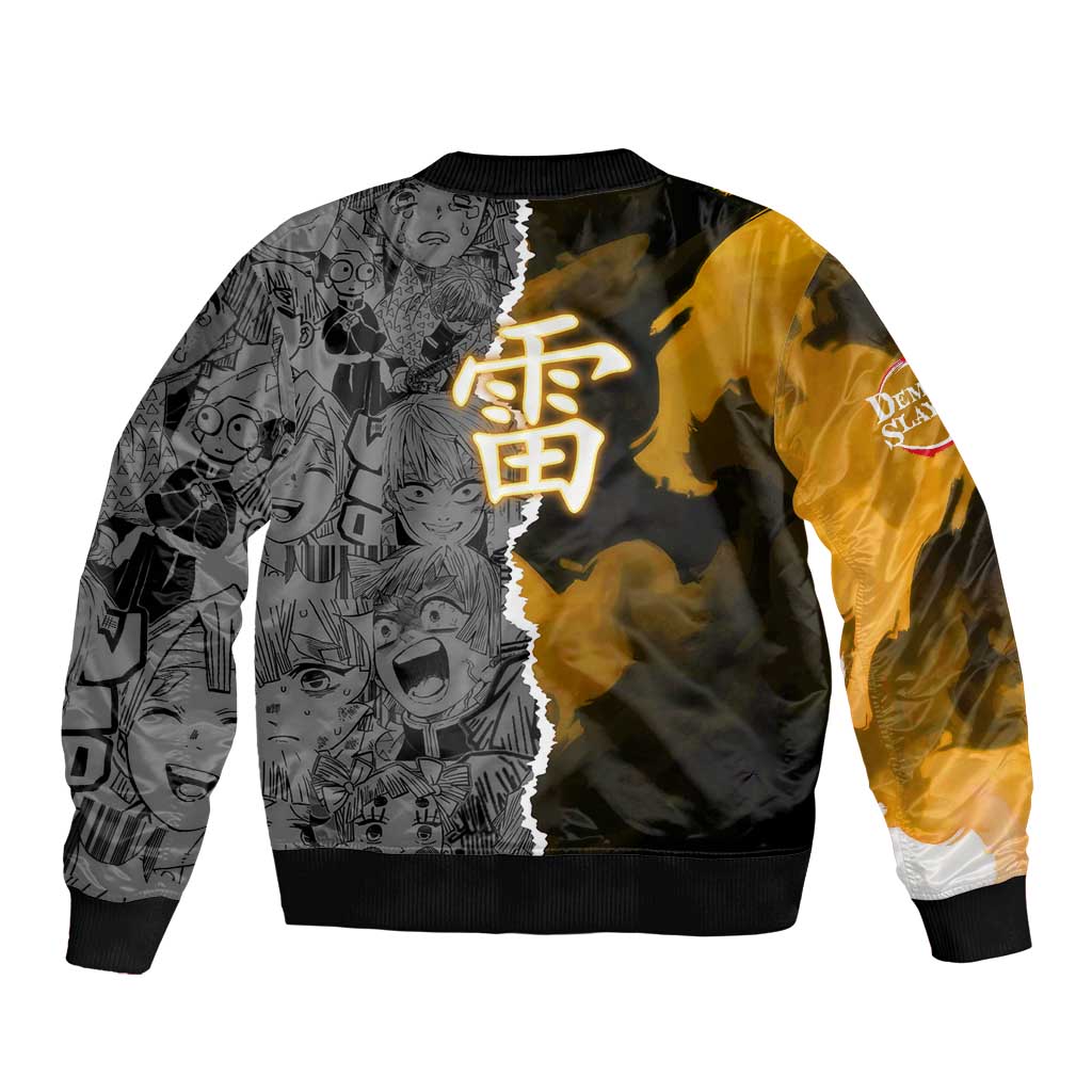 Zenitsu Agatsuma Demon Slayer Bomber Jacket with Yellow and Orange Lightning Breathing Pose Design - The Mazicc