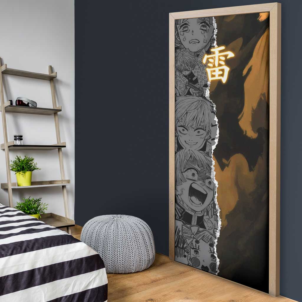 Zenitsu Agatsuma Demon Slayer Door Cover with Yellow and Orange Lightning Breathing Pose Design - The Mazicc