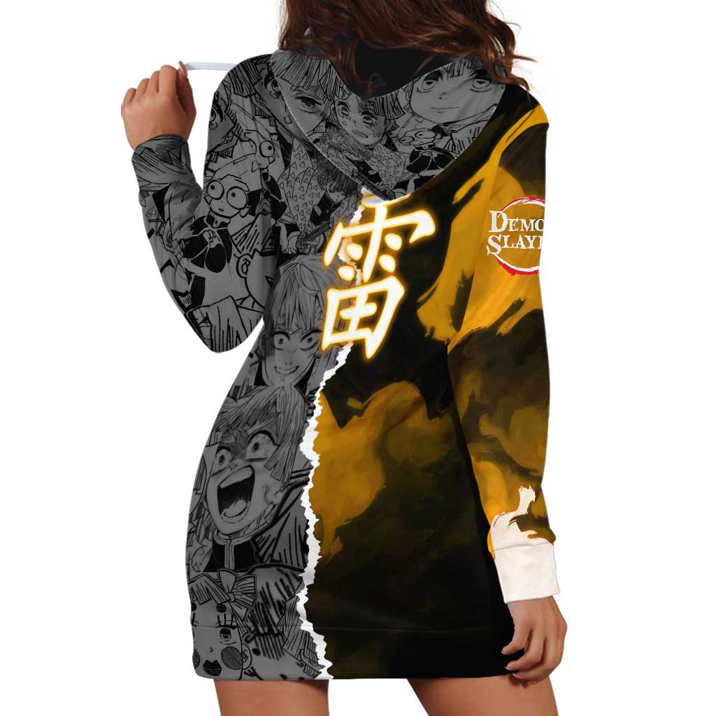 Zenitsu Agatsuma Demon Slayer Hoodie Dress with Yellow and Orange Lightning Breathing Pose Design - The Mazicc