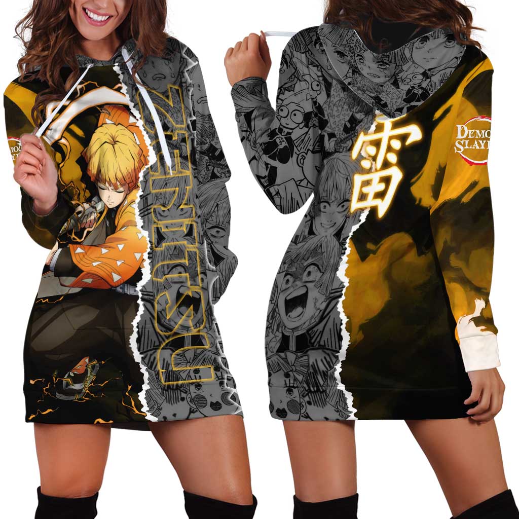 Zenitsu Agatsuma Demon Slayer Hoodie Dress with Yellow and Orange Lightning Breathing Pose Design - The Mazicc