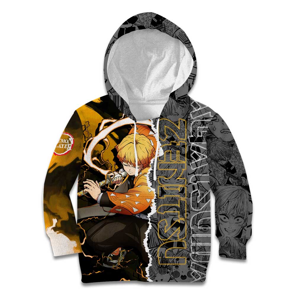 Zenitsu Agatsuma Demon Slayer Kid Hoodie with Yellow and Orange Lightning Breathing Pose Design - The Mazicc