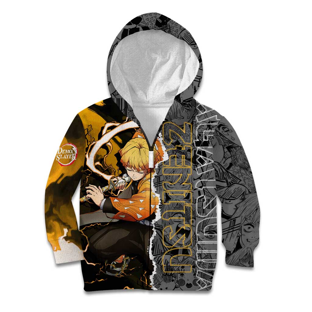 Zenitsu Agatsuma Demon Slayer Kid Hoodie with Yellow and Orange Lightning Breathing Pose Design - The Mazicc
