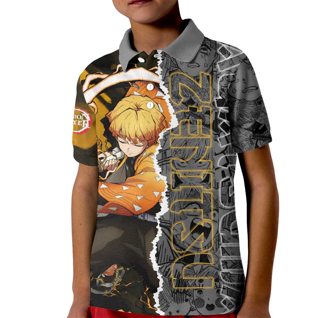 Zenitsu Agatsuma Demon Slayer Kid Polo Shirt with Yellow and Orange Lightning Breathing Pose Design - The Mazicc