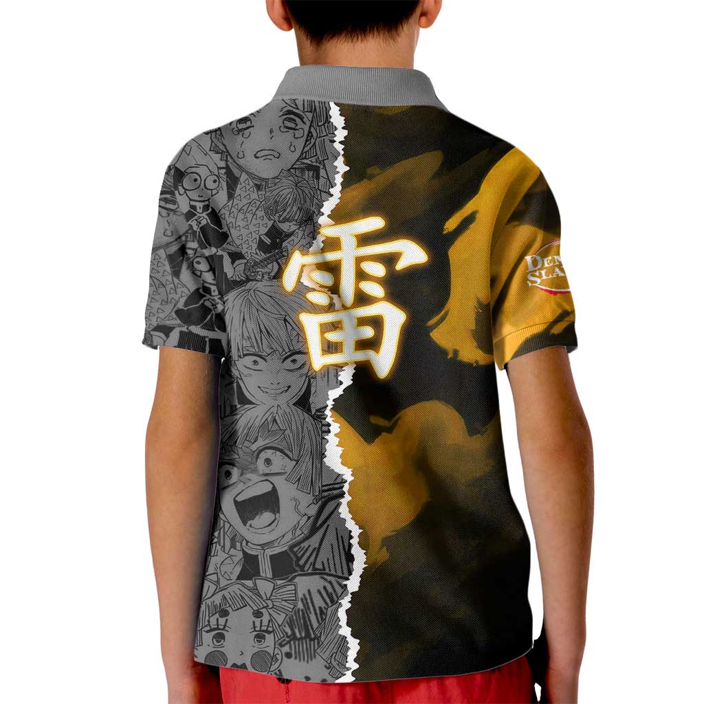 Zenitsu Agatsuma Demon Slayer Kid Polo Shirt with Yellow and Orange Lightning Breathing Pose Design - The Mazicc
