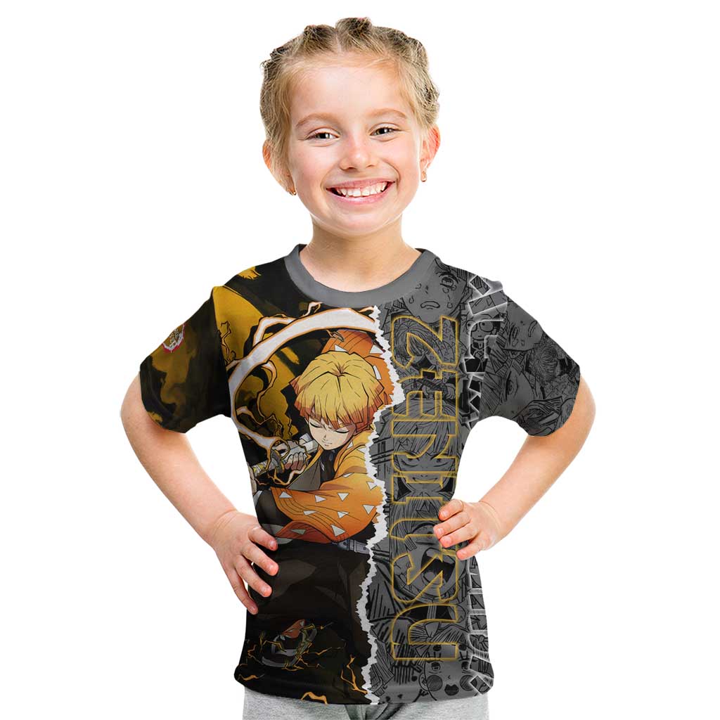 Zenitsu Agatsuma Demon Slayer Kid T Shirt with Yellow and Orange Lightning Breathing Pose Design - The Mazicc