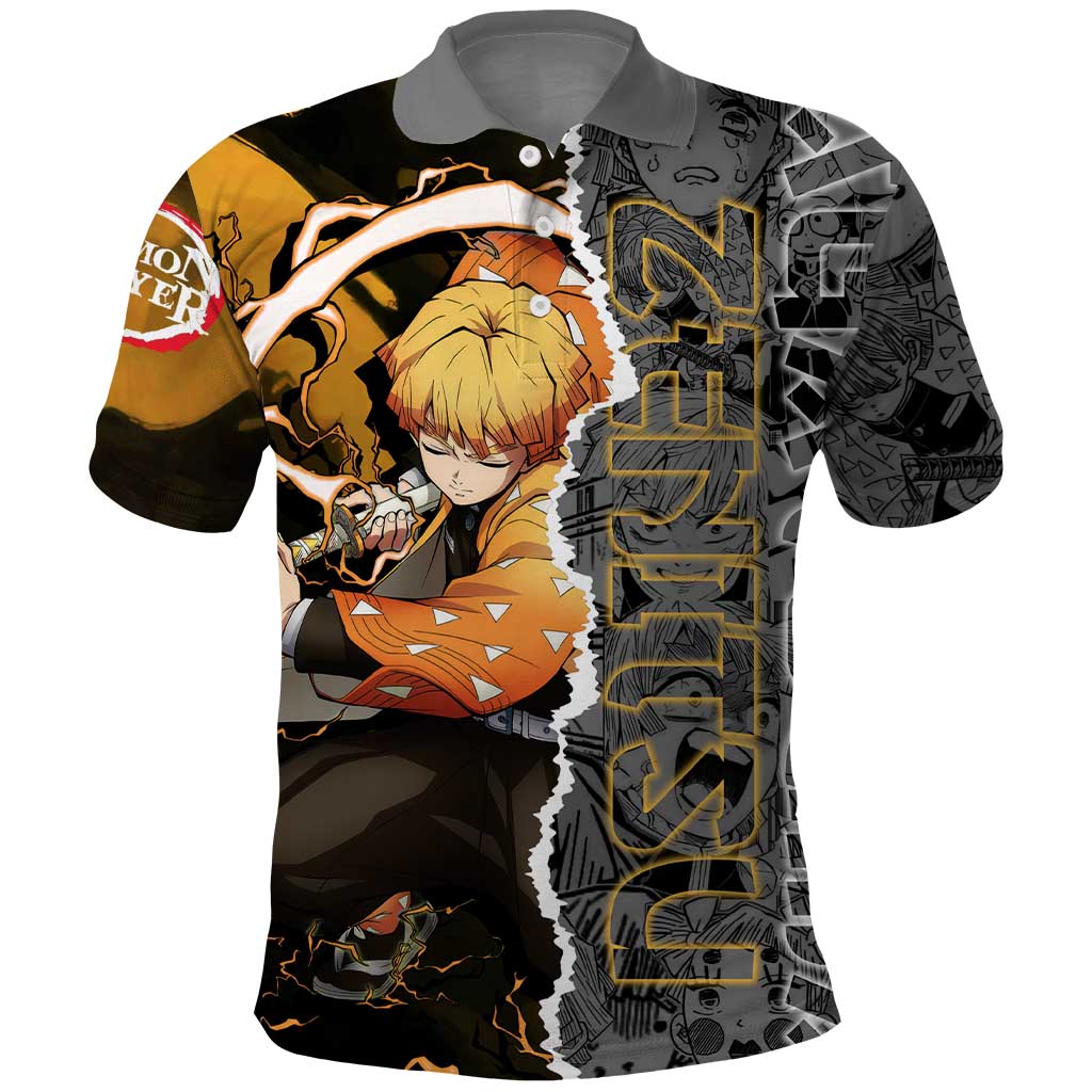 Zenitsu Agatsuma Demon Slayer Polo Shirt with Yellow and Orange Lightning Breathing Pose Design - The Mazicc