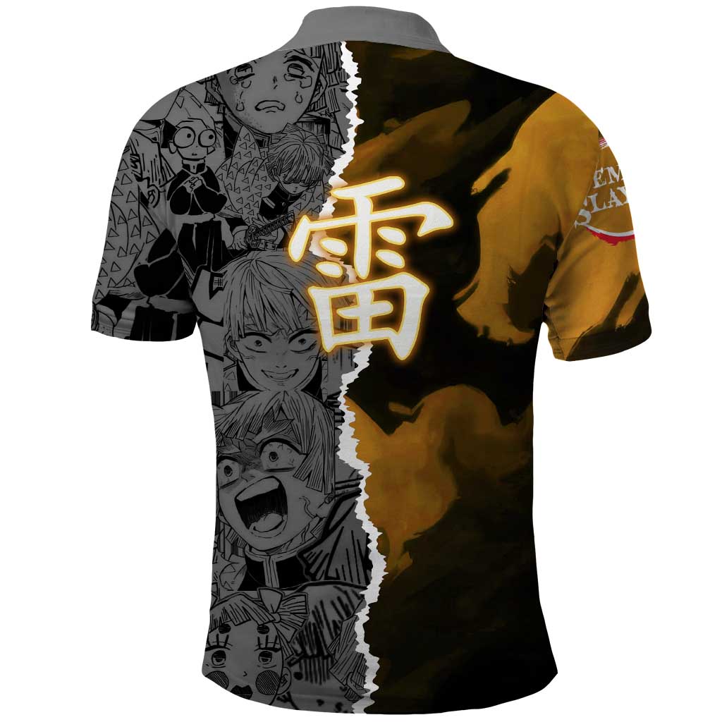 Zenitsu Agatsuma Demon Slayer Polo Shirt with Yellow and Orange Lightning Breathing Pose Design - The Mazicc
