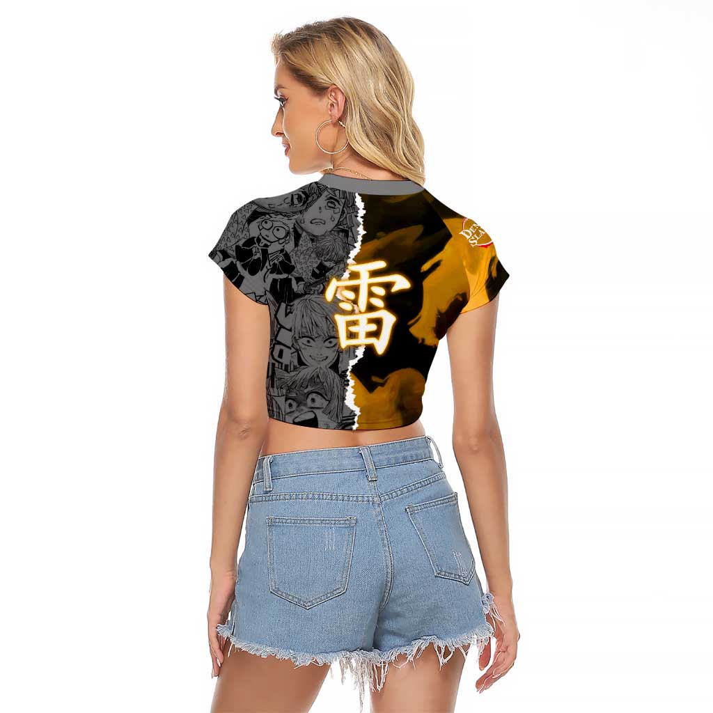 Zenitsu Agatsuma Demon Slayer Raglan Cropped T Shirt with Yellow and Orange Lightning Breathing Pose Design - The Mazicc
