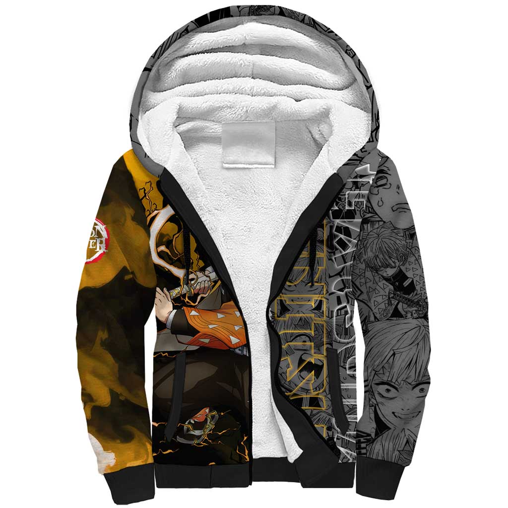 Zenitsu Agatsuma Demon Slayer Sherpa Hoodie with Yellow and Orange Lightning Breathing Pose Design - The Mazicc