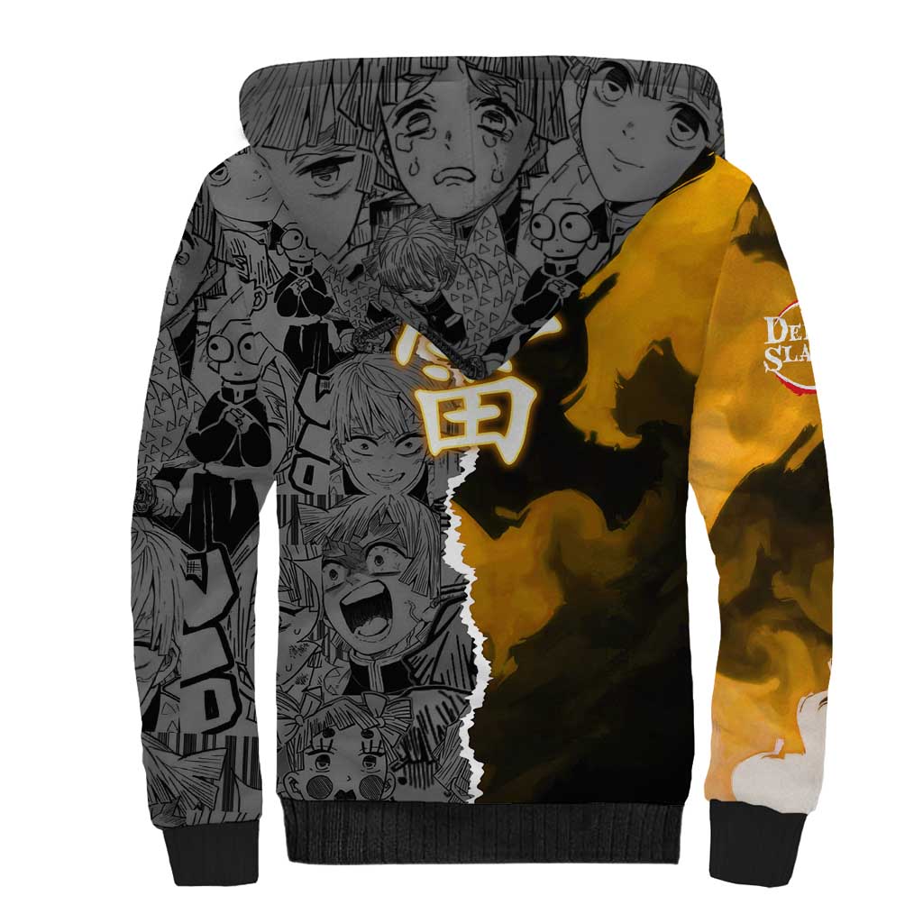 Zenitsu Agatsuma Demon Slayer Sherpa Hoodie with Yellow and Orange Lightning Breathing Pose Design - The Mazicc