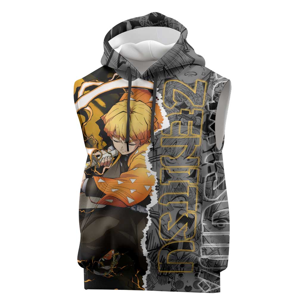 Zenitsu Agatsuma Demon Slayer Sleeveless Hoodie with Yellow and Orange Lightning Breathing Pose Design - The Mazicc