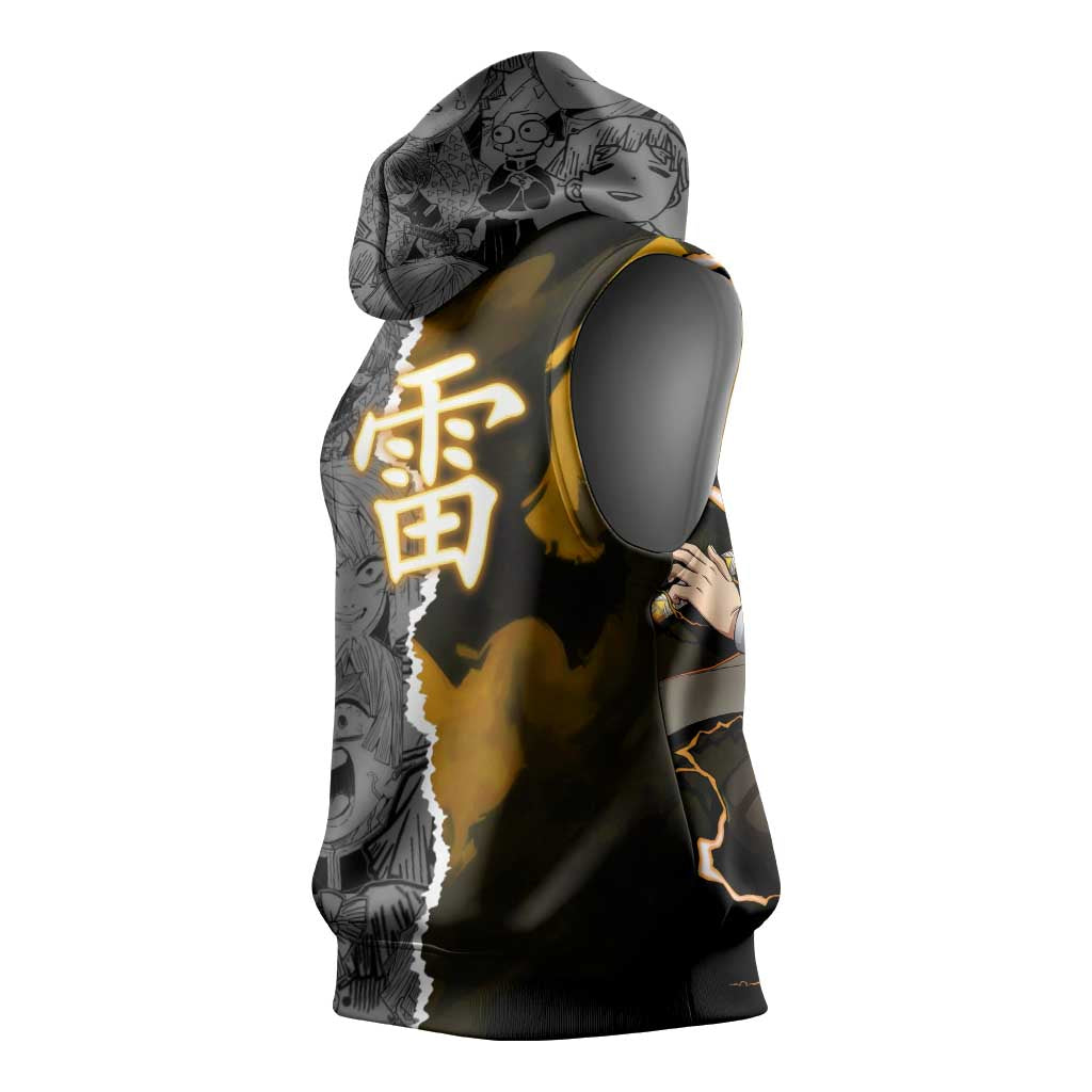 Zenitsu Agatsuma Demon Slayer Sleeveless Hoodie with Yellow and Orange Lightning Breathing Pose Design - The Mazicc