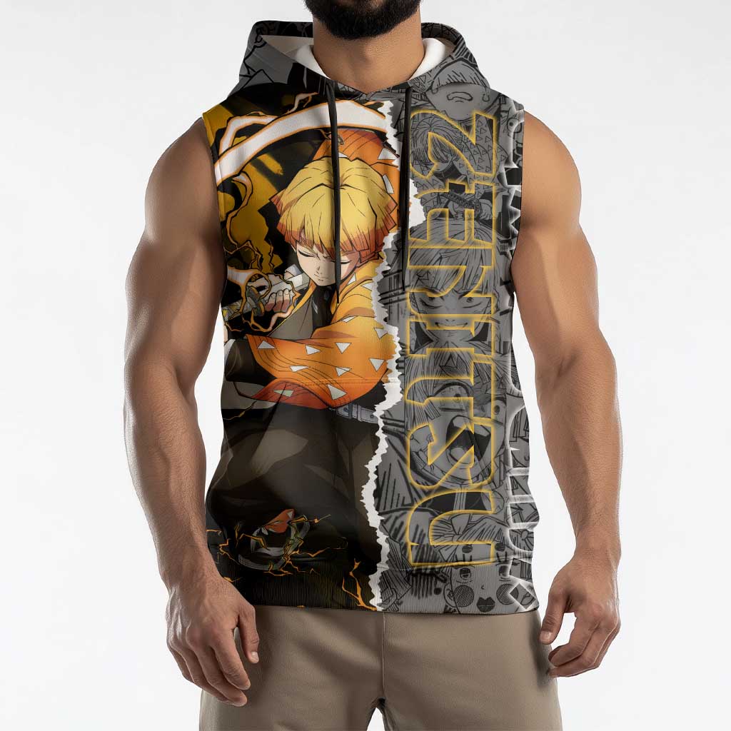 Zenitsu Agatsuma Demon Slayer Sleeveless Hoodie with Yellow and Orange Lightning Breathing Pose Design - The Mazicc