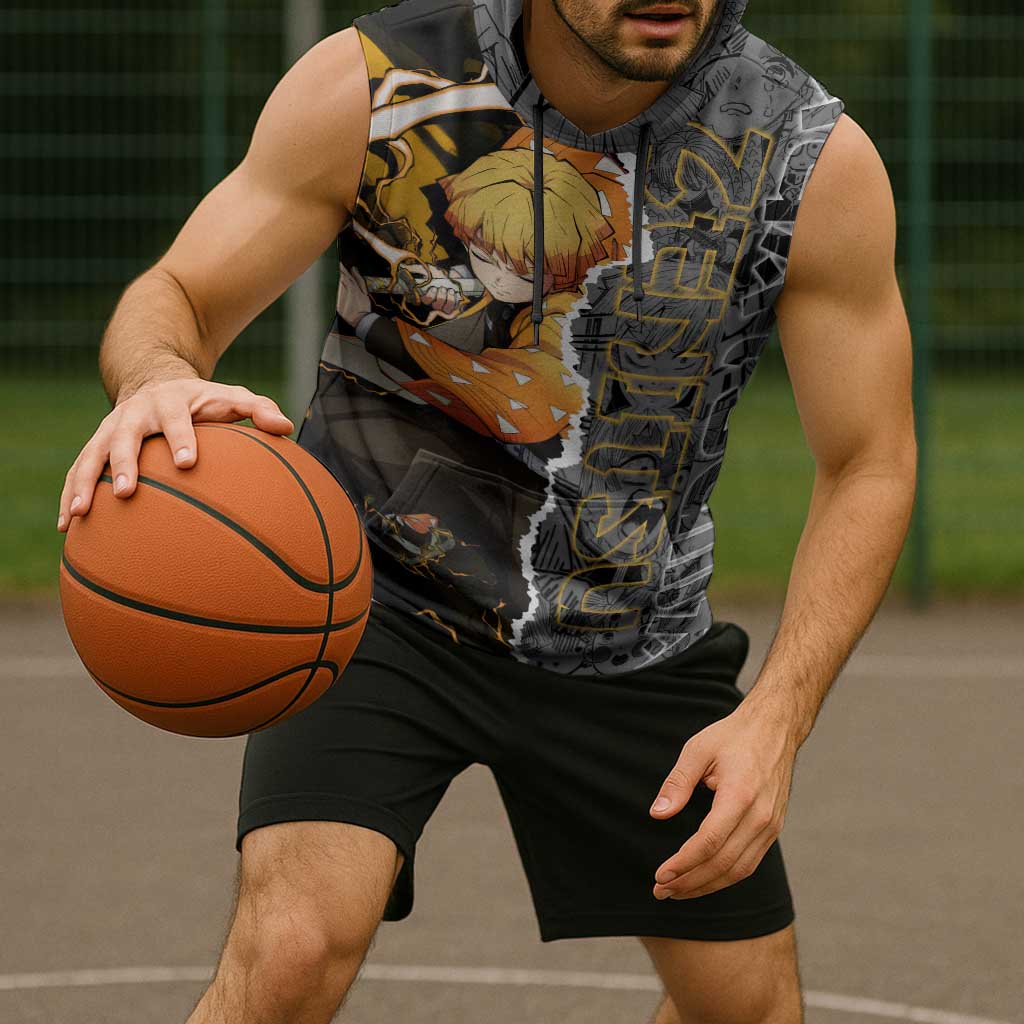 Zenitsu Agatsuma Demon Slayer Sleeveless Hoodie with Yellow and Orange Lightning Breathing Pose Design - The Mazicc