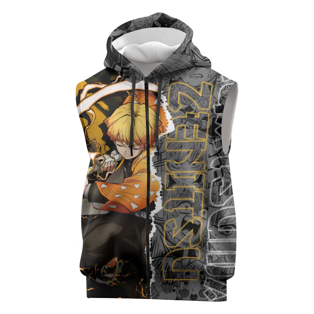Zenitsu Agatsuma Demon Slayer Sleeveless Zip Hoodie with Yellow and Orange Lightning Breathing Pose Design - The Mazicc