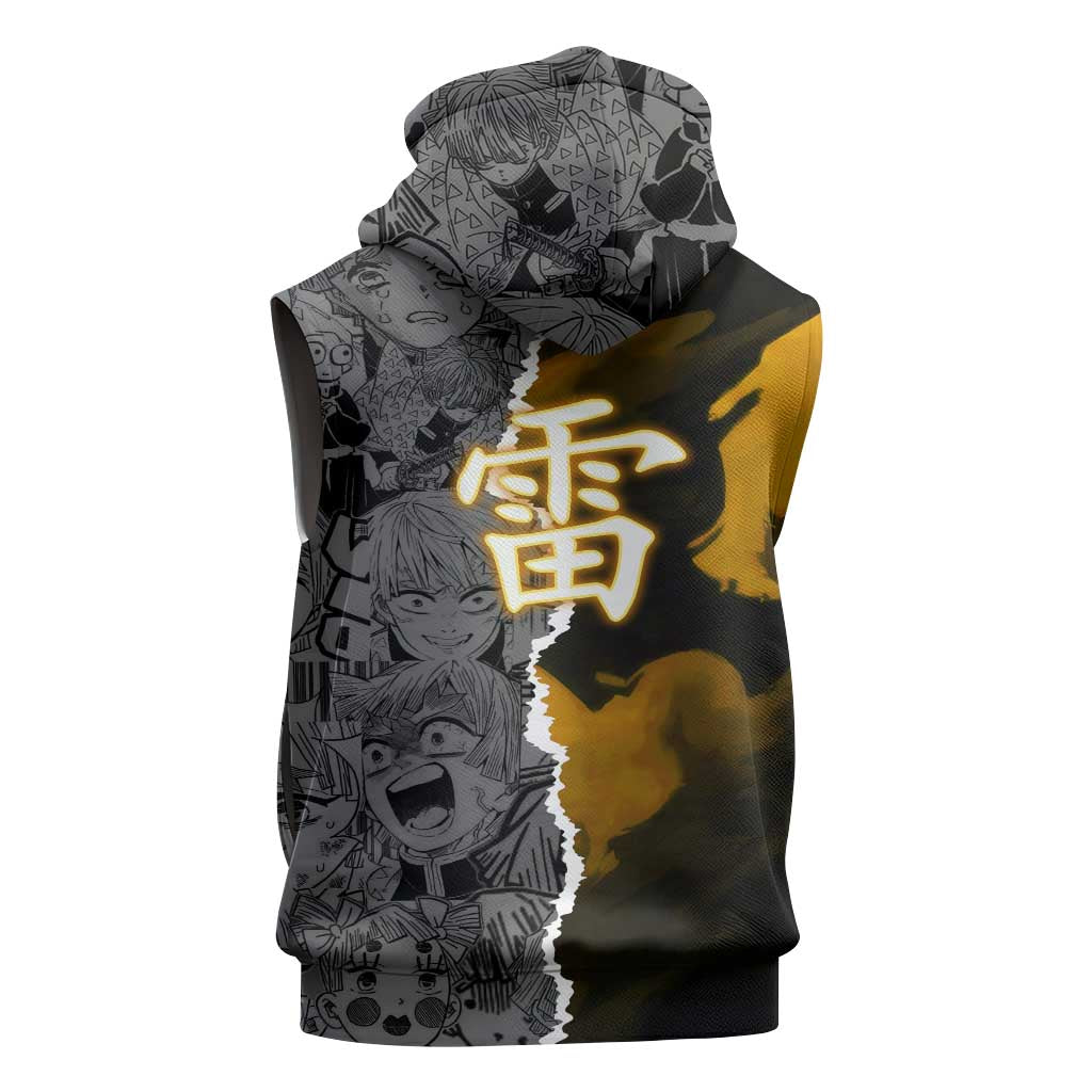 Zenitsu Agatsuma Demon Slayer Sleeveless Zip Hoodie with Yellow and Orange Lightning Breathing Pose Design - The Mazicc