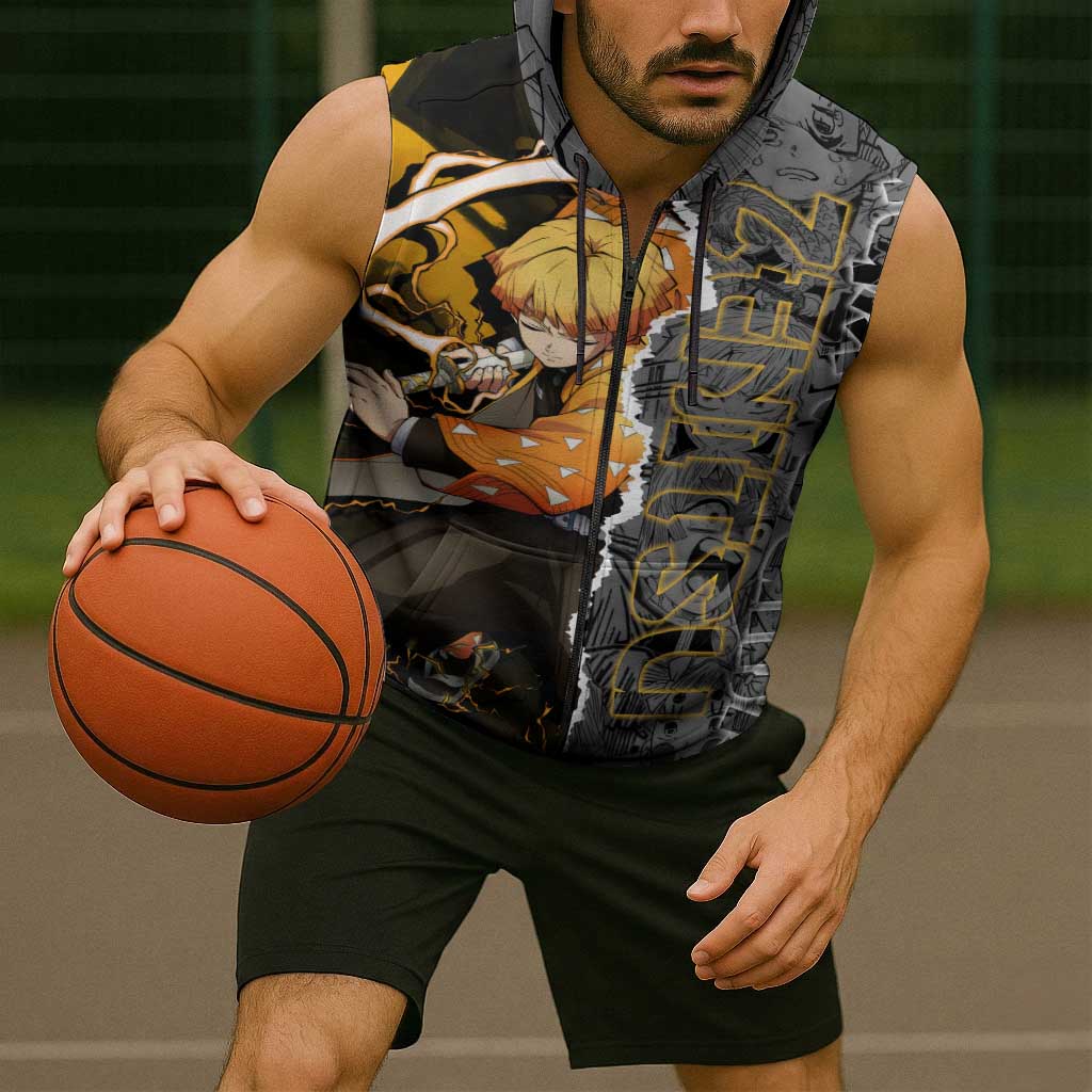 Zenitsu Agatsuma Demon Slayer Sleeveless Zip Hoodie with Yellow and Orange Lightning Breathing Pose Design - The Mazicc