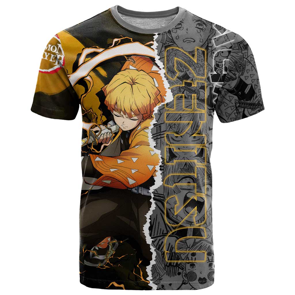 Zenitsu Agatsuma Demon Slayer T Shirt with Yellow and Orange Lightning Breathing Pose Design - The Mazicc