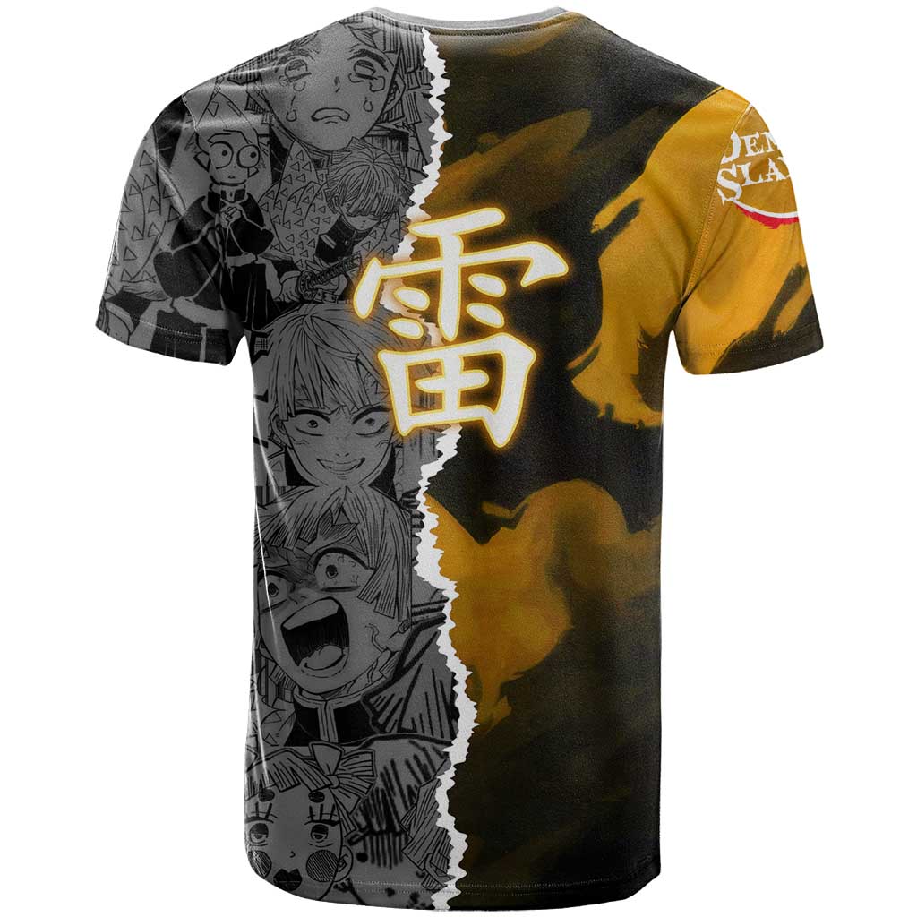 Zenitsu Agatsuma Demon Slayer T Shirt with Yellow and Orange Lightning Breathing Pose Design - The Mazicc