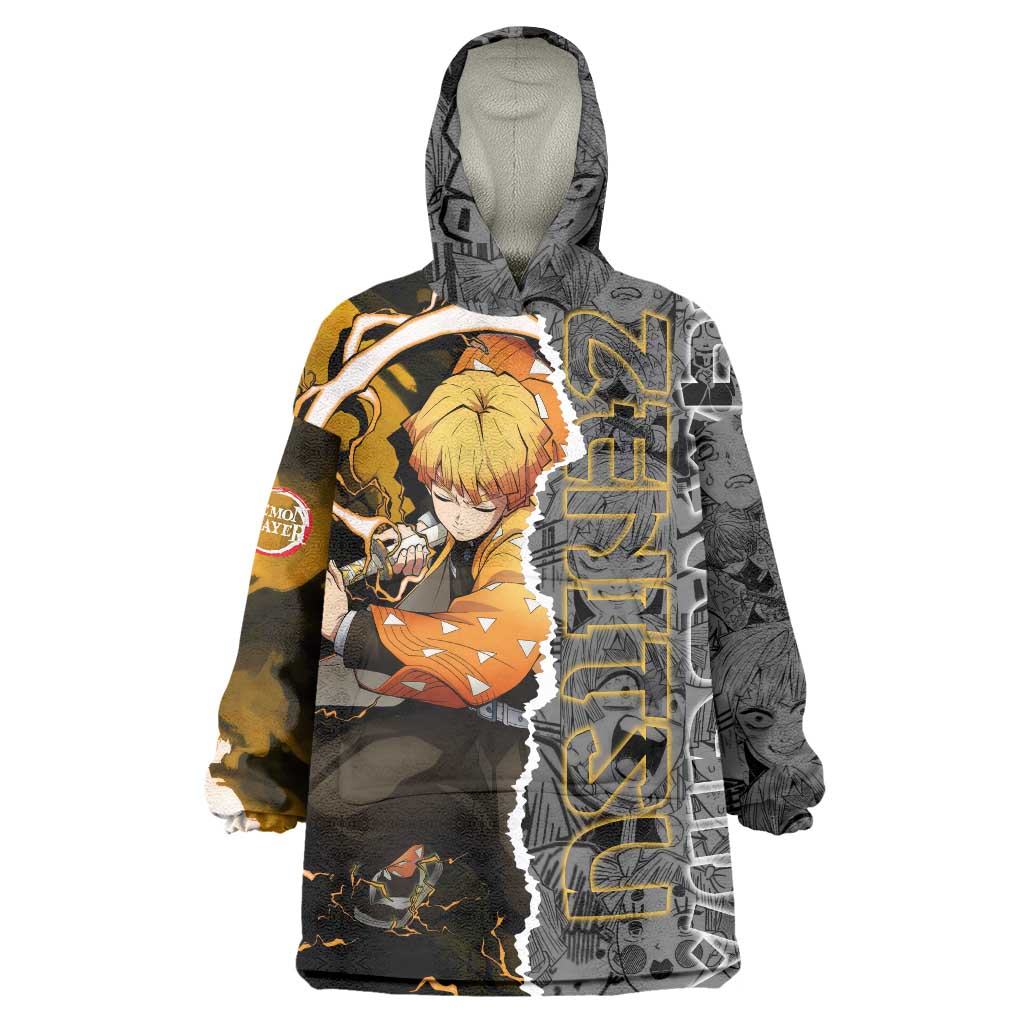 Zenitsu Agatsuma Demon Slayer Wearable Blanket Hoodie with Yellow and Orange Lightning Breathing Pose Design - The Mazicc