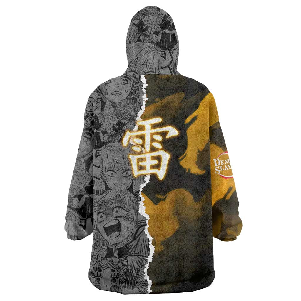 Zenitsu Agatsuma Demon Slayer Wearable Blanket Hoodie with Yellow and Orange Lightning Breathing Pose Design - The Mazicc