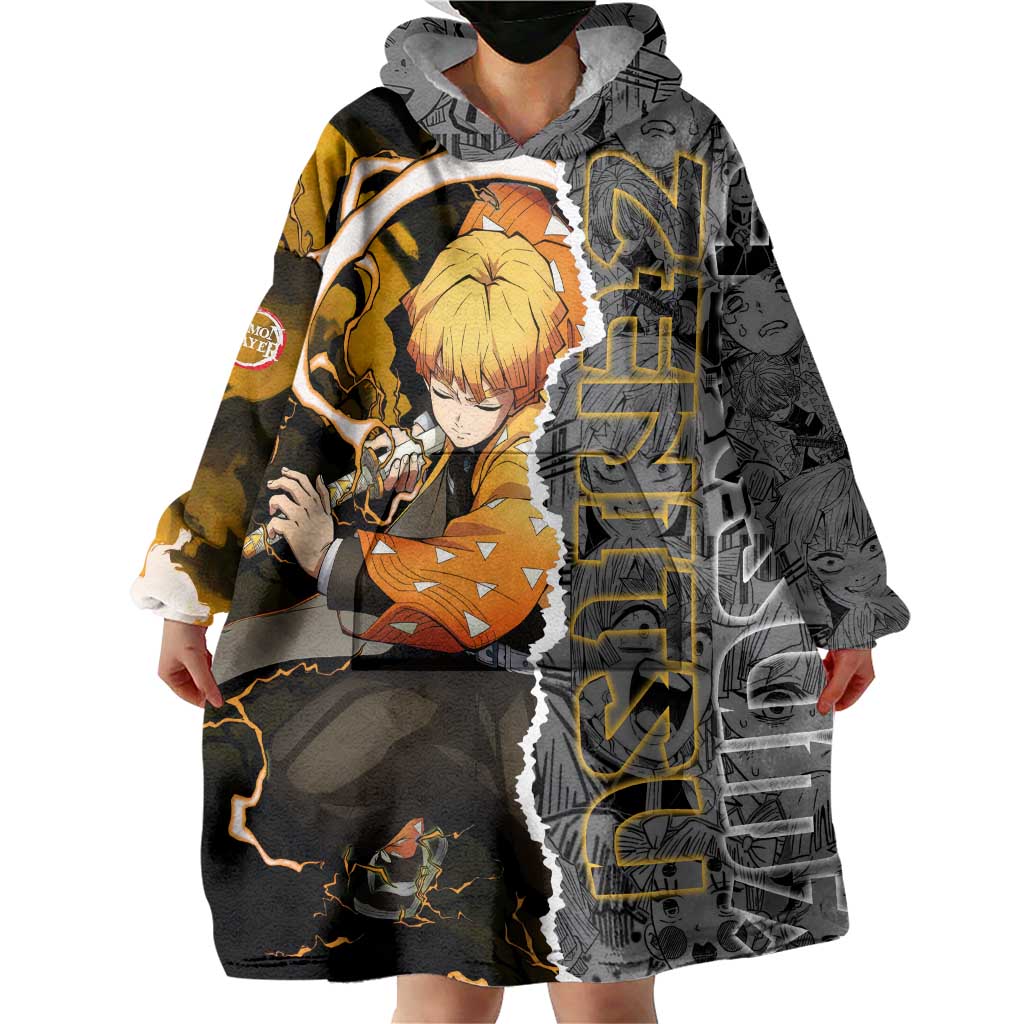 Zenitsu Agatsuma Demon Slayer Wearable Blanket Hoodie with Yellow and Orange Lightning Breathing Pose Design - The Mazicc