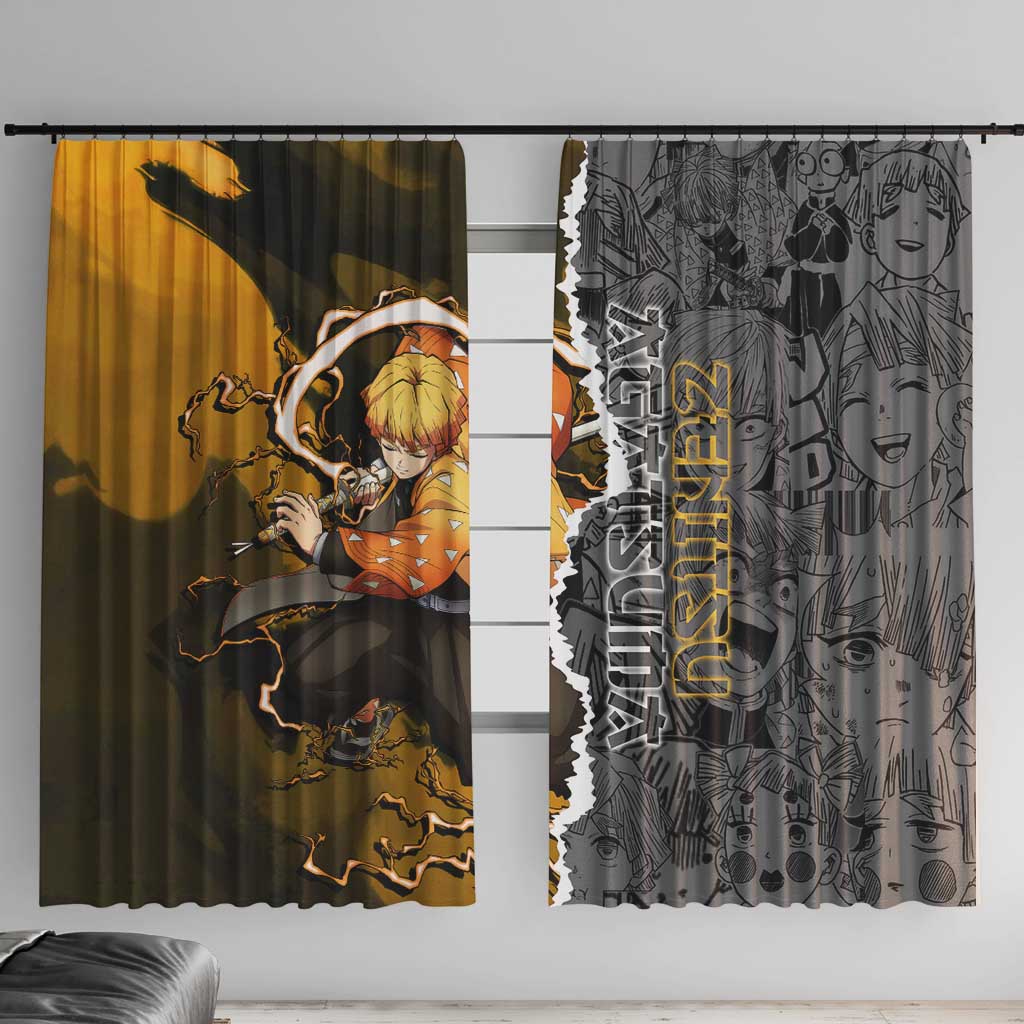 Zenitsu Agatsuma Demon Slayer Window Curtain with Yellow and Orange Lightning Breathing Pose Design - The Mazicc