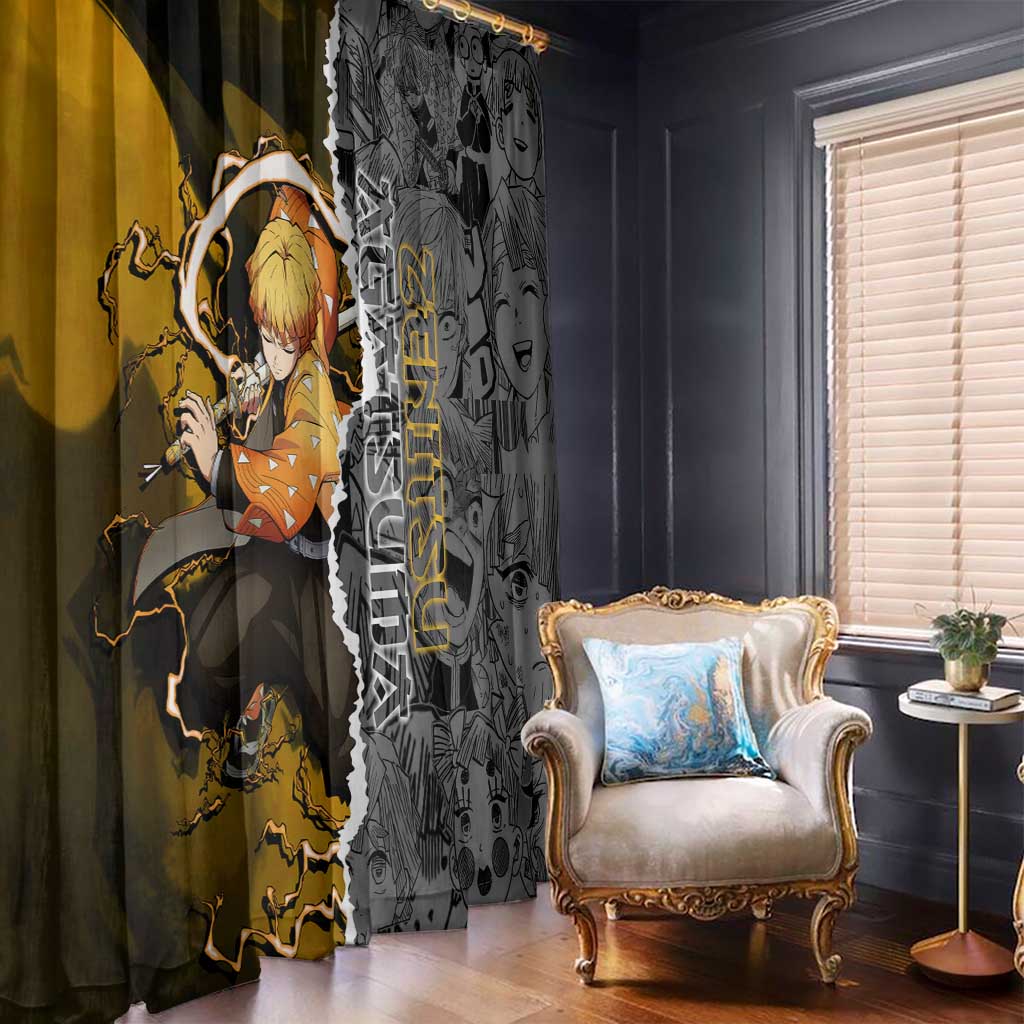 Zenitsu Agatsuma Demon Slayer Window Curtain with Yellow and Orange Lightning Breathing Pose Design - The Mazicc