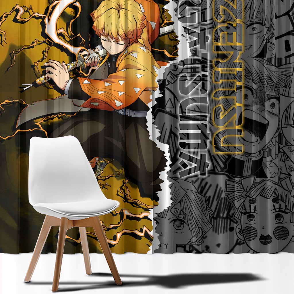 Zenitsu Agatsuma Demon Slayer Window Curtain with Yellow and Orange Lightning Breathing Pose Design - The Mazicc