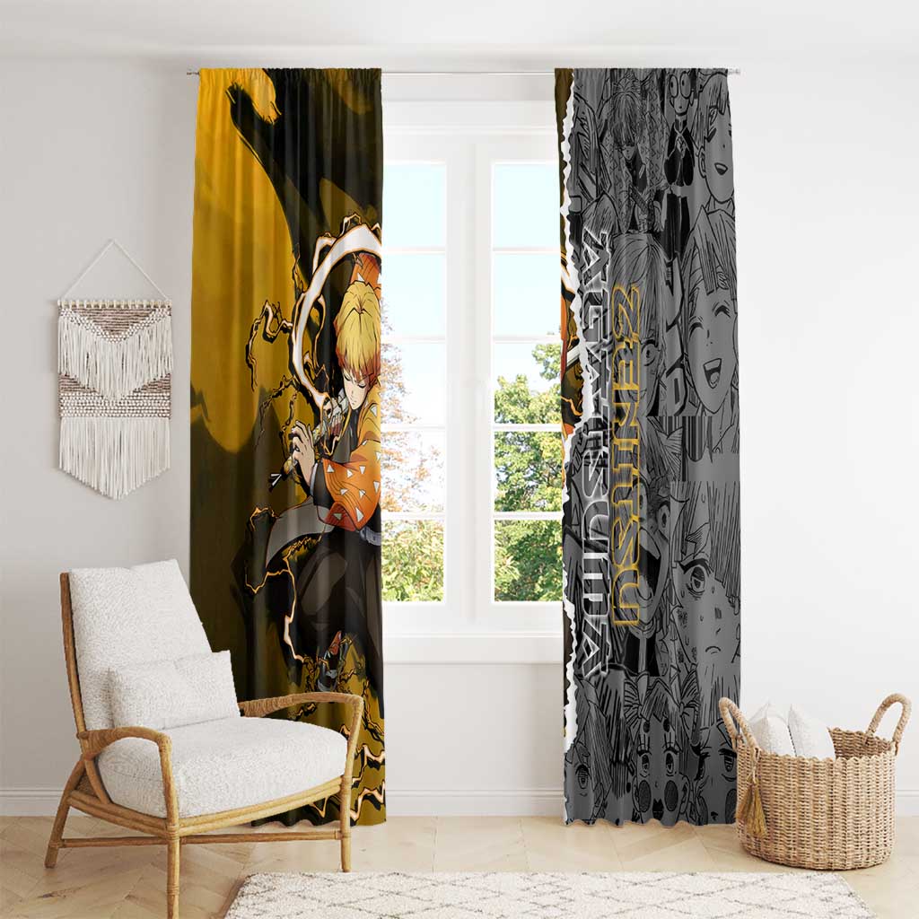 Zenitsu Agatsuma Demon Slayer Window Curtain with Yellow and Orange Lightning Breathing Pose Design - The Mazicc