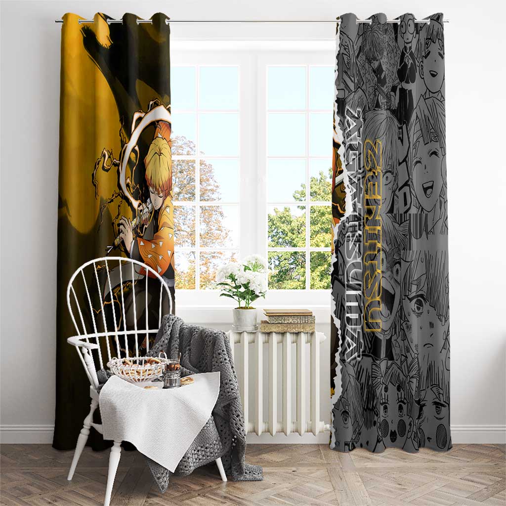 Zenitsu Agatsuma Demon Slayer Window Curtain with Yellow and Orange Lightning Breathing Pose Design - The Mazicc