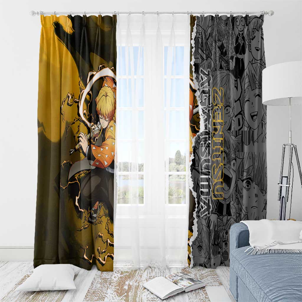 Zenitsu Agatsuma Demon Slayer Window Curtain with Yellow and Orange Lightning Breathing Pose Design - The Mazicc