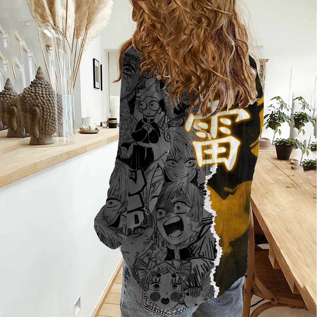 Zenitsu Agatsuma Demon Slayer Women Casual Shirt with Yellow and Orange Lightning Breathing Pose Design - The Mazicc