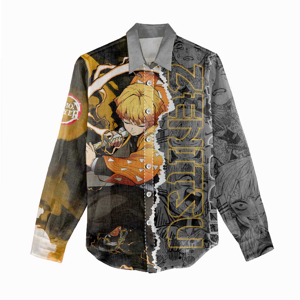 Zenitsu Agatsuma Demon Slayer Women Casual Shirt with Yellow and Orange Lightning Breathing Pose Design - The Mazicc