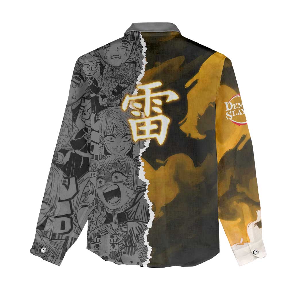 Zenitsu Agatsuma Demon Slayer Women Casual Shirt with Yellow and Orange Lightning Breathing Pose Design - The Mazicc