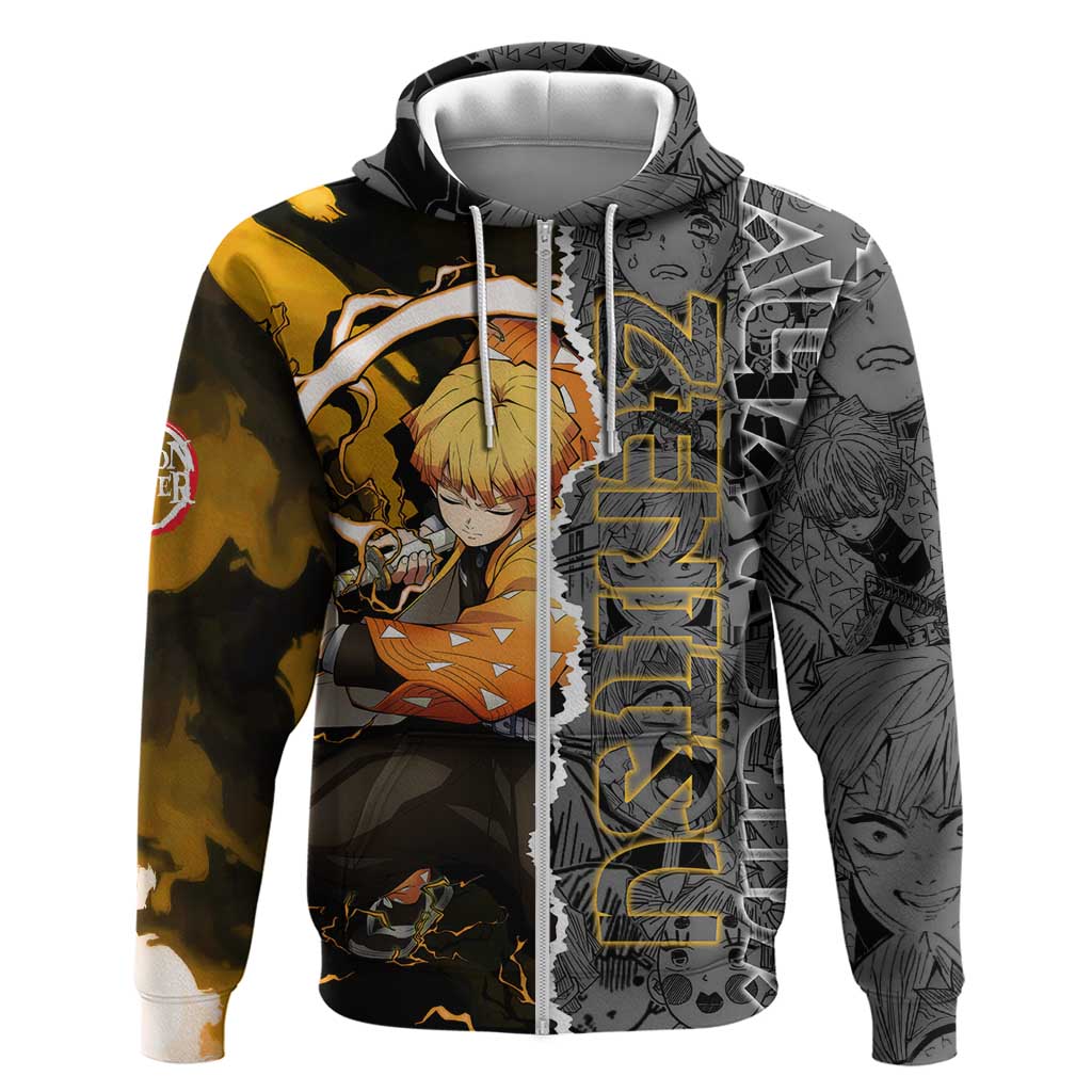 Zenitsu Agatsuma Demon Slayer Zip Hoodie with Yellow and Orange Lightning Breathing Pose Design - The Mazicc