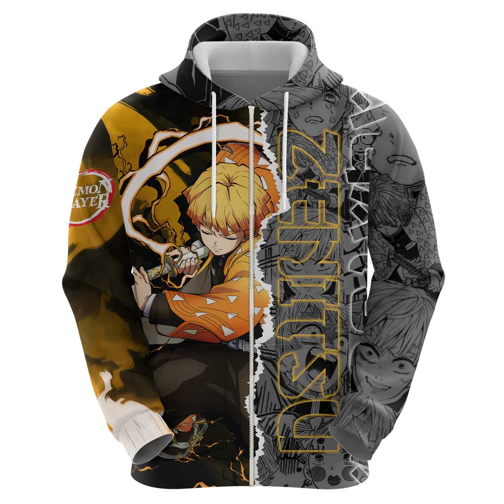 Zenitsu Agatsuma Demon Slayer Zip Hoodie with Yellow and Orange Lightning Breathing Pose Design - The Mazicc