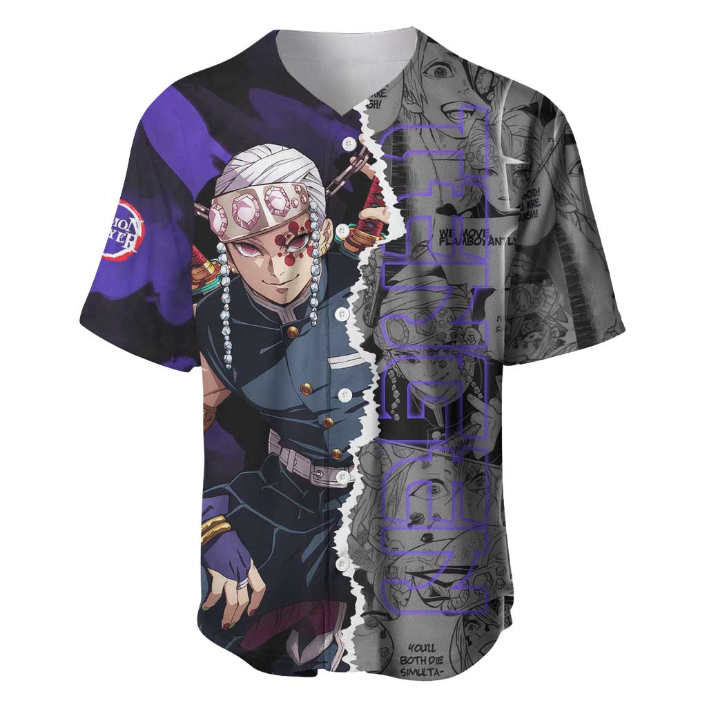Tengen Uzui Demon Slayer Baseball Jersey with Flashy Ninja Outfit and Explosive Sound Effects Design - The Mazicc