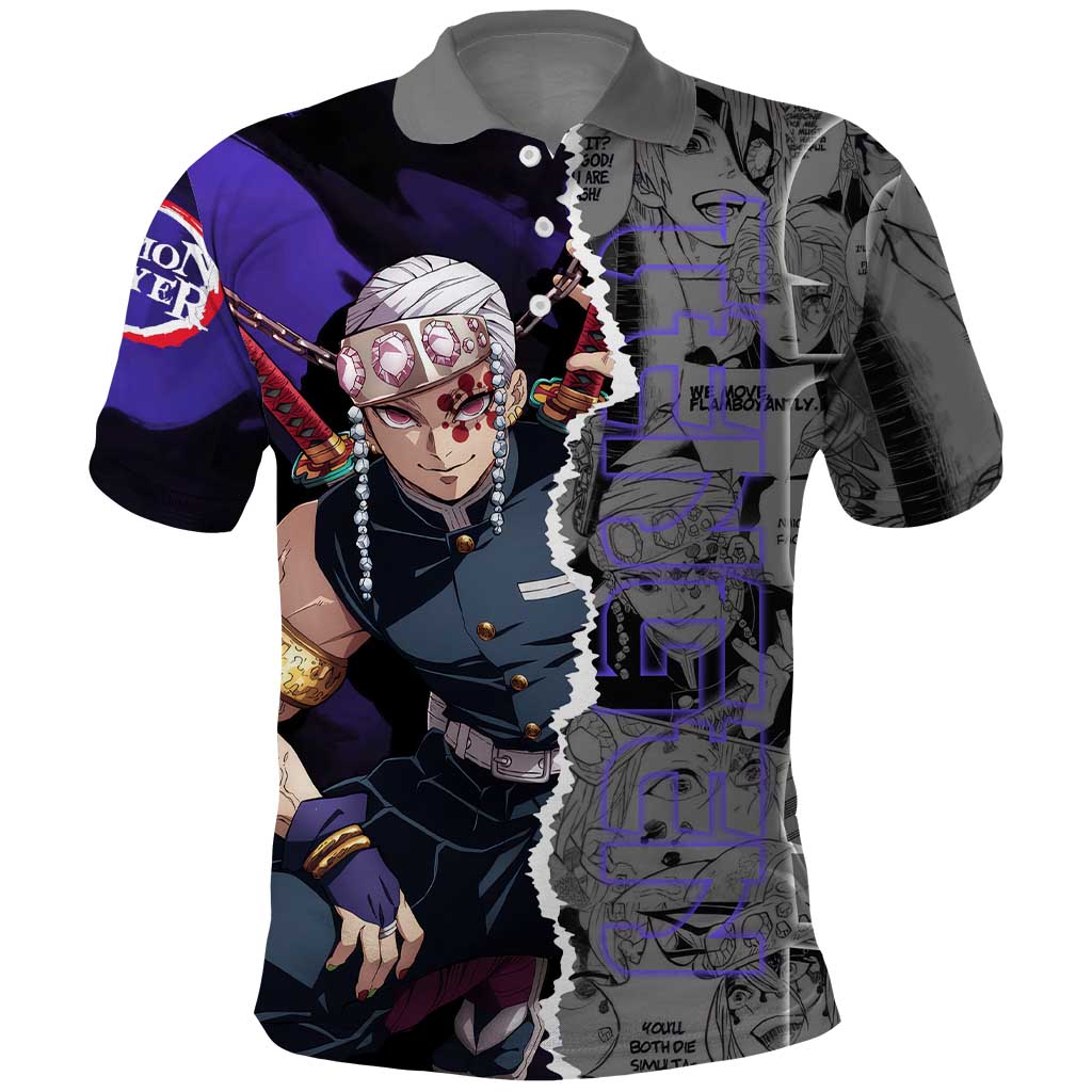 Tengen Uzui Demon Slayer Polo Shirt with Flashy Ninja Outfit and Explosive Sound Effects Design - The Mazicc