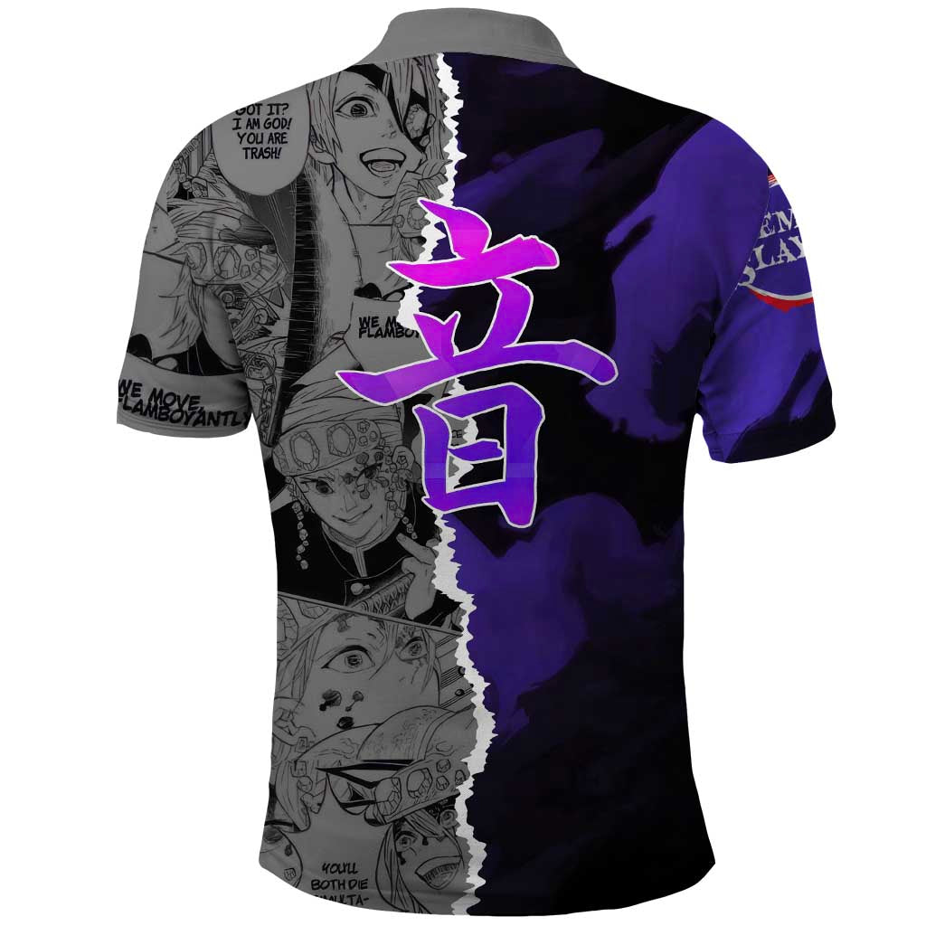 Tengen Uzui Demon Slayer Polo Shirt with Flashy Ninja Outfit and Explosive Sound Effects Design - The Mazicc