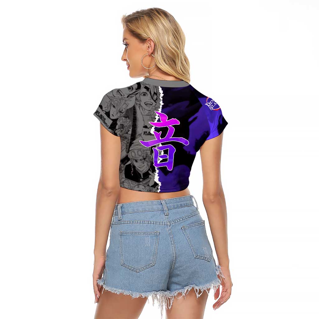 Tengen Uzui Demon Slayer Raglan Cropped T Shirt with Flashy Ninja Outfit and Explosive Sound Effects Design - The Mazicc