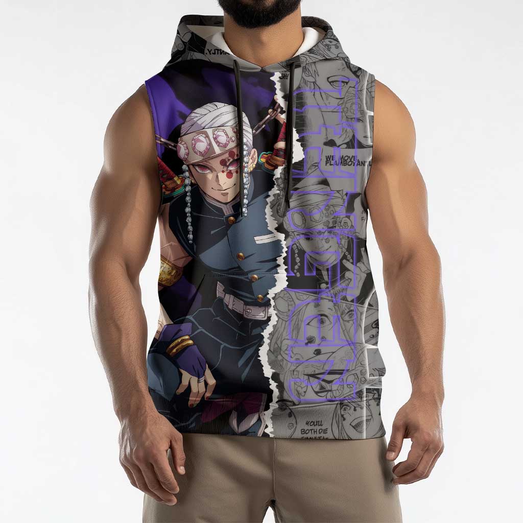 Tengen Uzui Demon Slayer Sleeveless Hoodie with Flashy Ninja Outfit and Explosive Sound Effects Design - The Mazicc