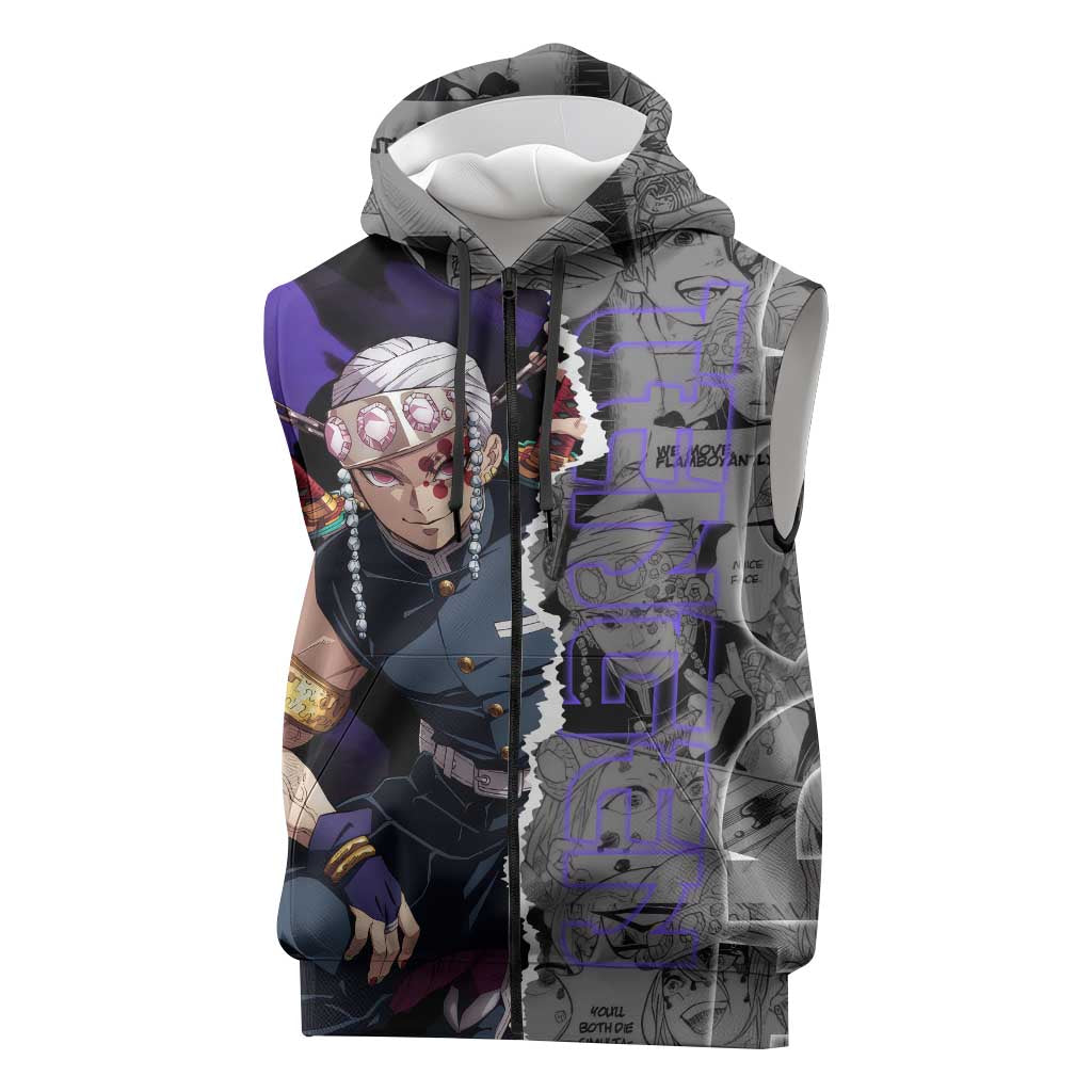 Tengen Uzui Demon Slayer Sleeveless Zip Hoodie with Flashy Ninja Outfit and Explosive Sound Effects Design - The Mazicc