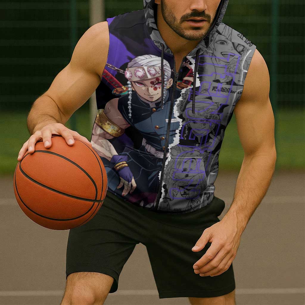 Tengen Uzui Demon Slayer Sleeveless Zip Hoodie with Flashy Ninja Outfit and Explosive Sound Effects Design - The Mazicc